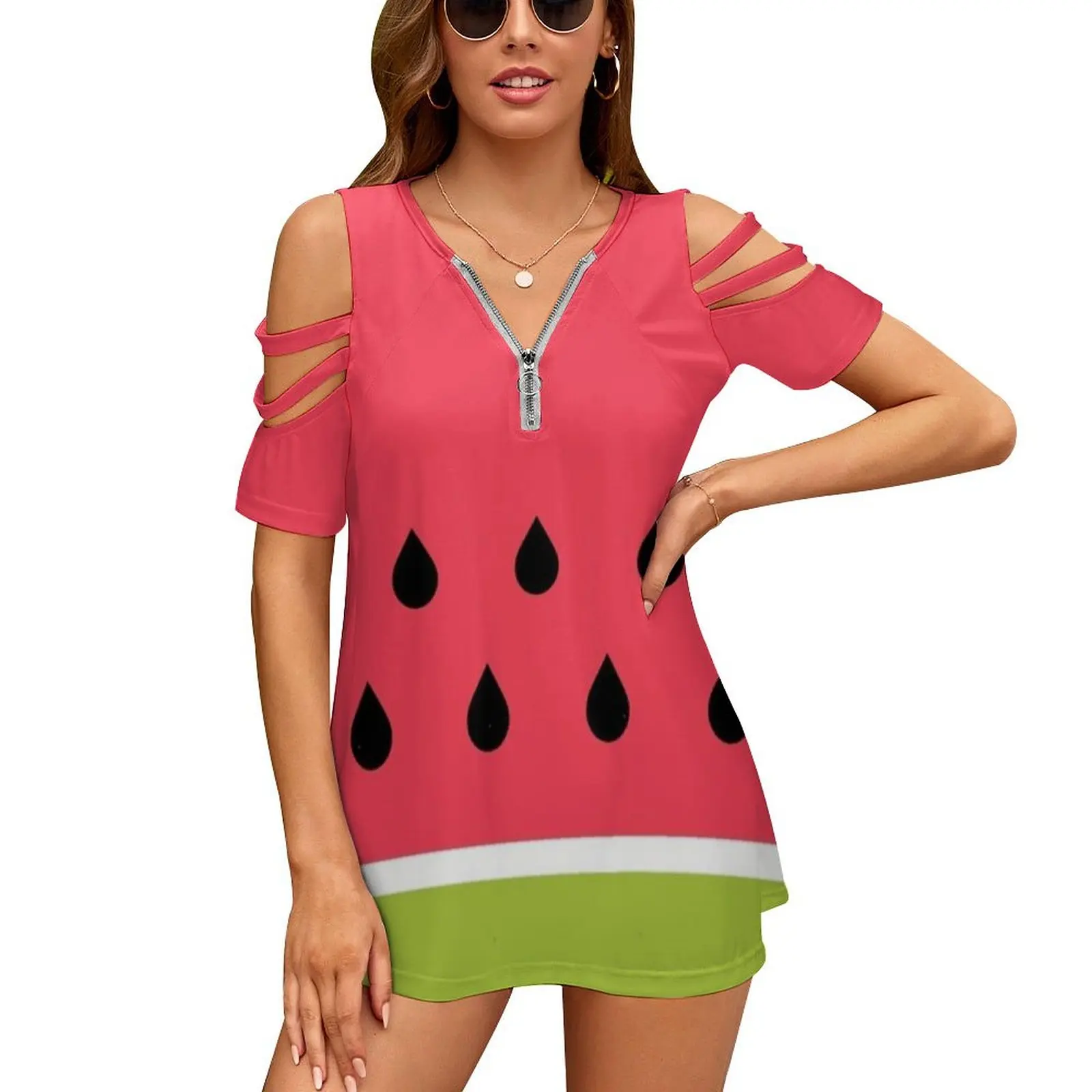 Coral Pink Green Summer Watermelon Fruit Stripe Pattern New Fashion Zip Off Shoulder Top Short-Sleeve Women Shirt Watermelon