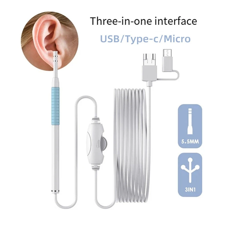 Limpiador de oídos otoscopio lente de 5,5 MM HD720P recogedor de oídos 3 en 1 Micro-USB tipo C cámara endoscópica de inspección