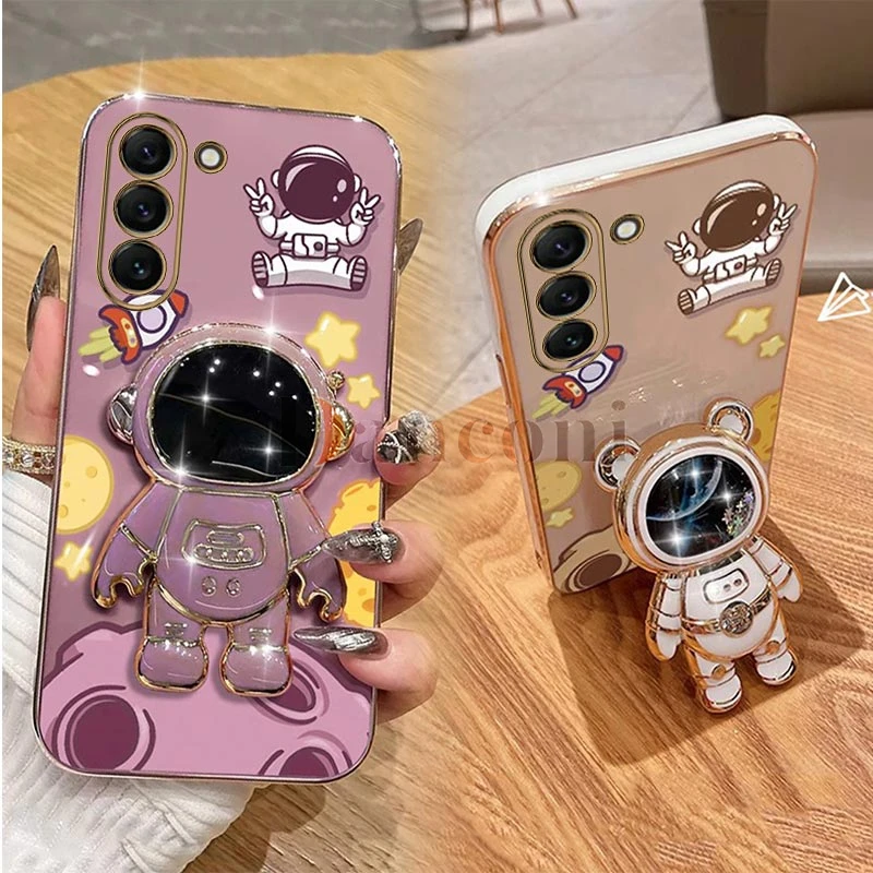 Cheering astronauts Plating Phone Holder Case For Samsung Galaxy S23 S23Plus S23FE S10 S21 S9 S22 Plus S23 Ultra S20 S20FE Cover