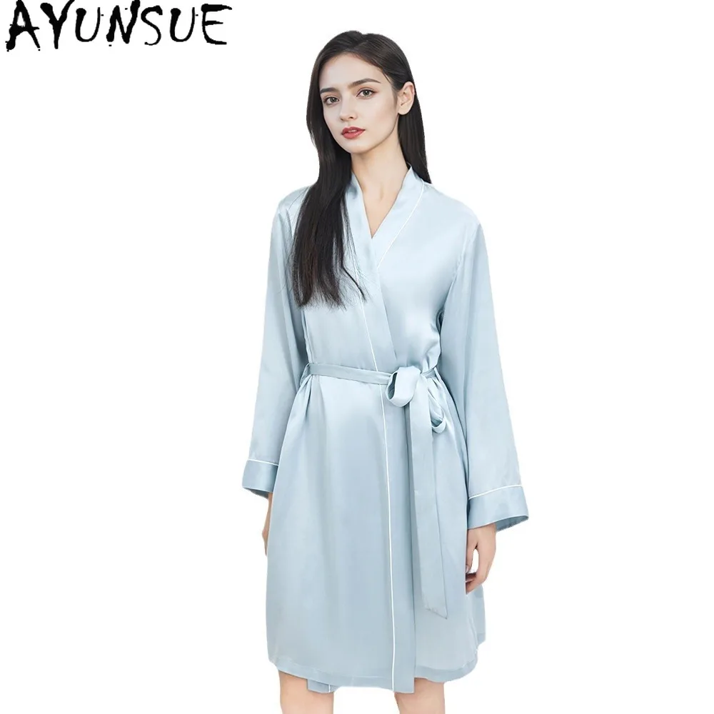 AYUNSUE 100% Real Mulberry Silk Robes for Women Elegant Spring Summer Rabes Women's Home Clothes 16MM Silk Red Wedding Dress