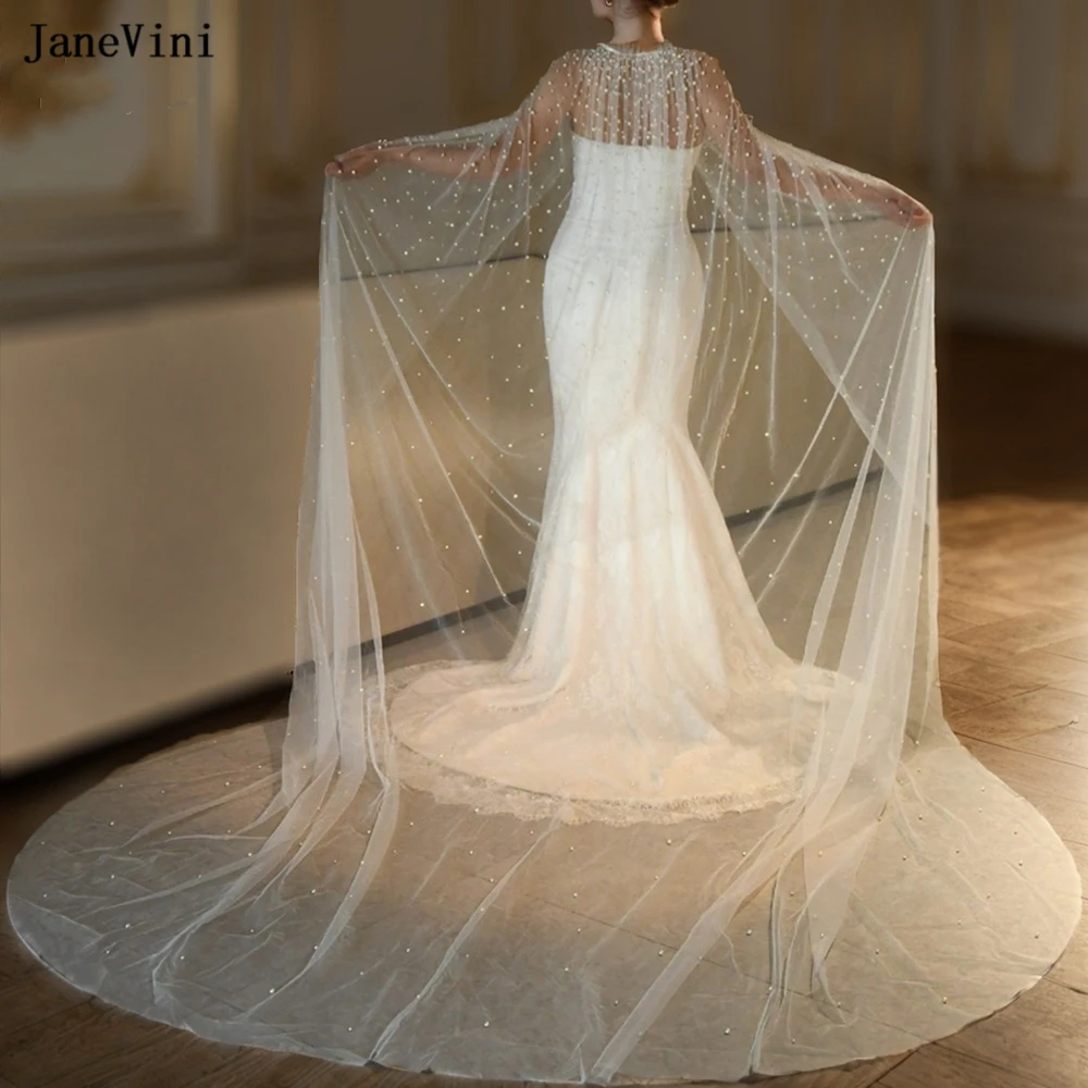 JaneVini 2023 Luxury Pearls 3M Long Bridal Shawls Wraps Evening Bolero Cathedral Woman Tulle Cape Jacket Cloak for Wedding Dress