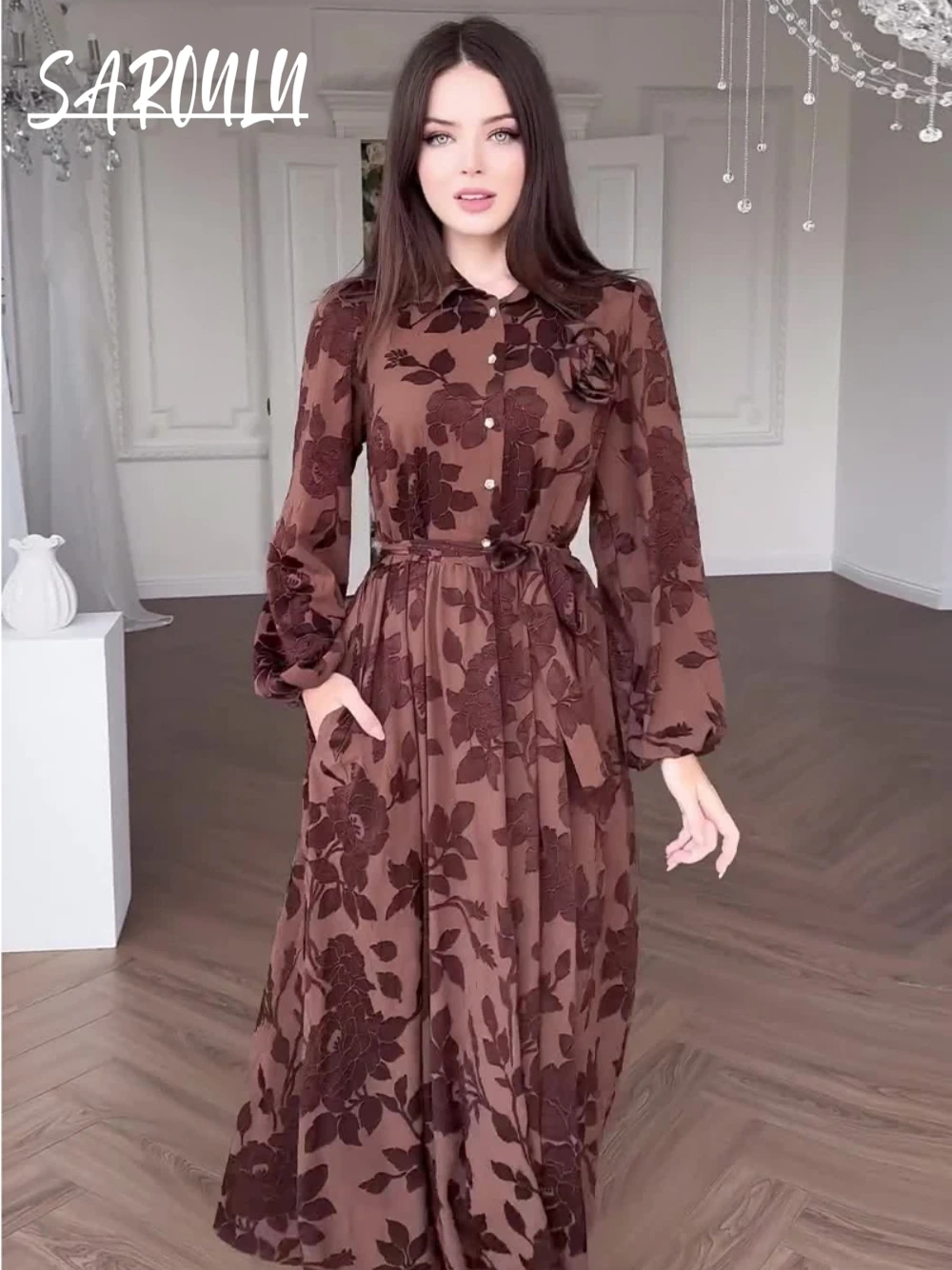 

Romantic Statement Brown Floral Dress For Evening, Autumn Spring A line Retro Prom Gown, Long Sleeves, Hot Sale Women's Dresses