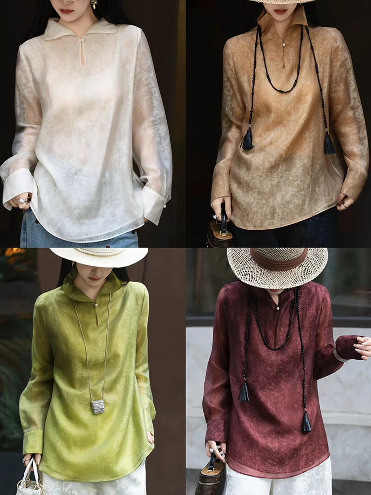 

Double Layer Silk Mis Chinese Sle irt Women's Loose Fit Long Sve Printed Top Skin Friendly Breathable Inner Wear