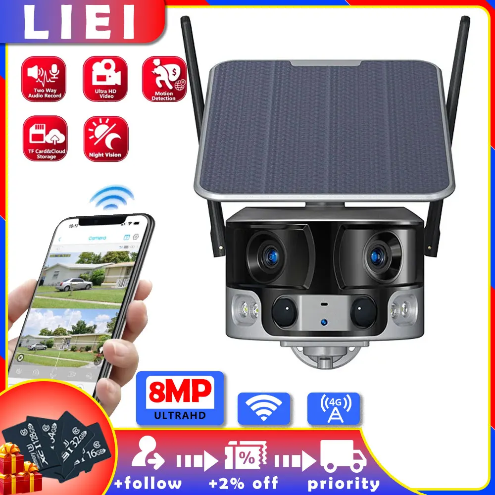 

LIEI Surveillance Camera 20000MAH Dual Lens Camera Recording Battery Outdoor 8MP Solar WIFI/4G Camera Support 128G TF Card