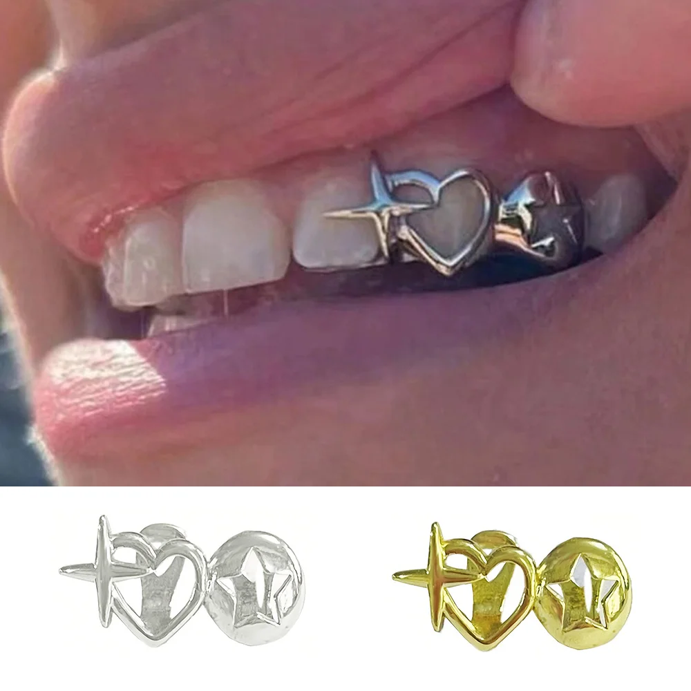 RACHELZ Y2K винтажные двойные полые сердечки со звездами и зубами Grillz хип-хоп глянцевые шапочки с крестообразными зубами для женщин и мужчин ювелирные изделия косплей подарок