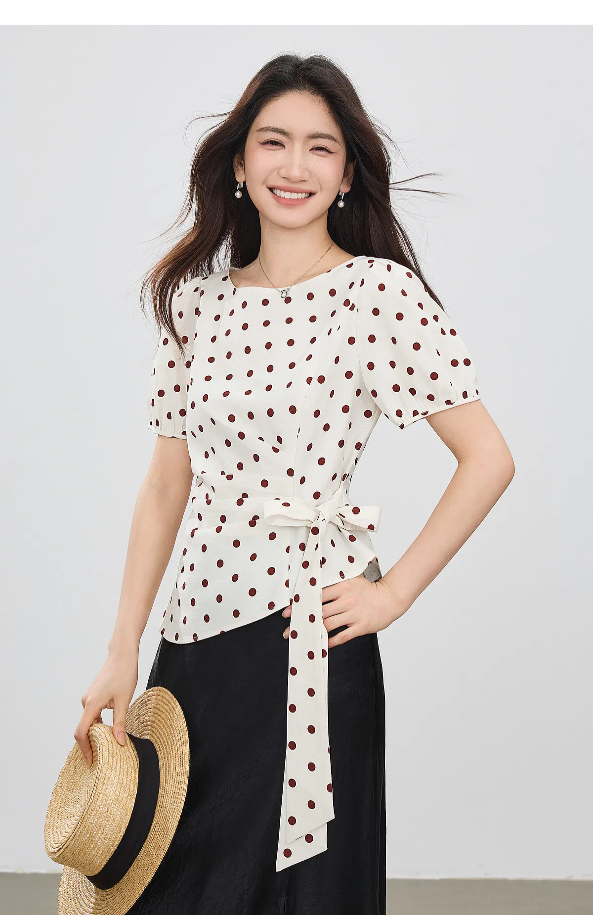 SENTUBILA Damenbluse 2026 Sommer Leinen Chiffon Polka Dot Rundhals Tailliertes Kurzarm-Oberteil 162VB7336 – Detail 14