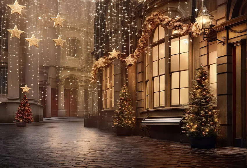 Mehofond Christmas City Street Backdrop Photography Winter Snow Golden Star Lights House Outdoor Kids Portrait Photo Background