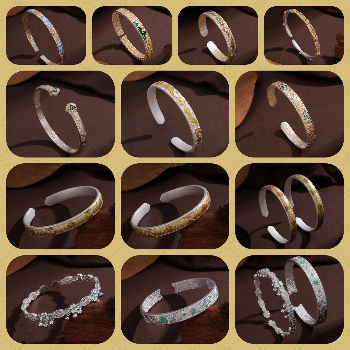 

Vintage Enamel Blue Tassel Curled Grass Pattern Lotus Rose Solid Silver-plated Bracelet for Girlfriend's Birthday