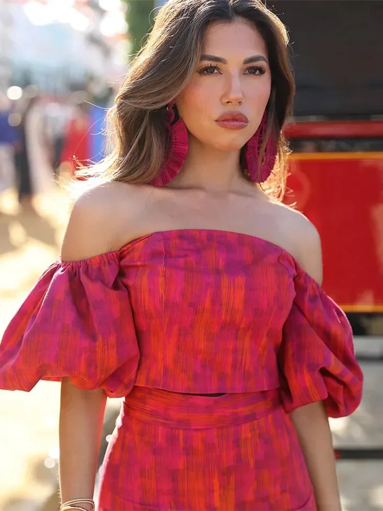 Women Sexy Off Shoulder Top Hip Wrap Skirt Sets Elegant Puff Short Sleeved Crop Tops Slim Skirt Suits Summer Lady Chic Outfits 