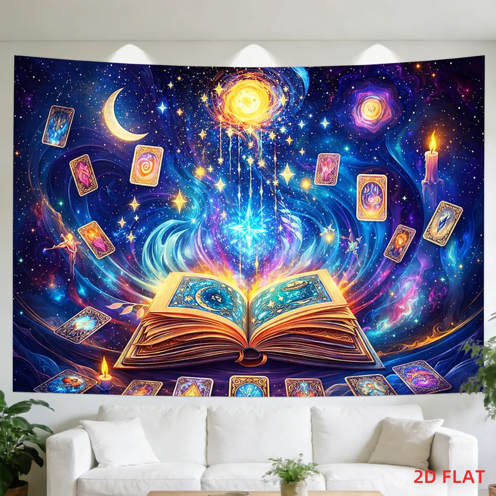 Magic Spellbook Tapestry, Floating Tarot Cards & Galaxy Wall Hanging, Mystical Witchcore Room Decor, Celestial Fantasy Art Cloth