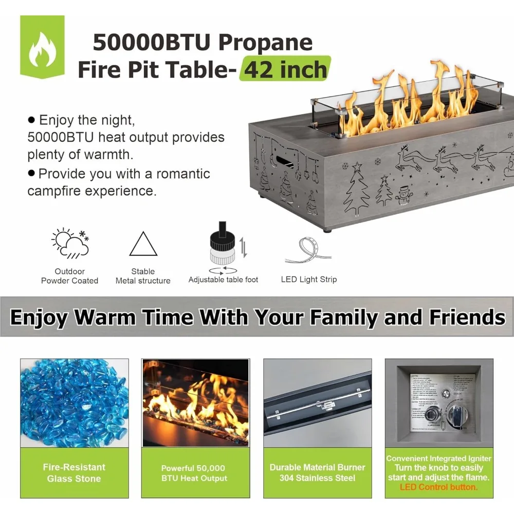 42 طاولة حفرة نار من البروبان مع زخرفة مقطوعة لعيد الميلاد وأضواء RGB - بقدرة 5000 وحدة حرارية بريطانية مع زجاج واقي من الرياح وغطاء وصخور وCov #5