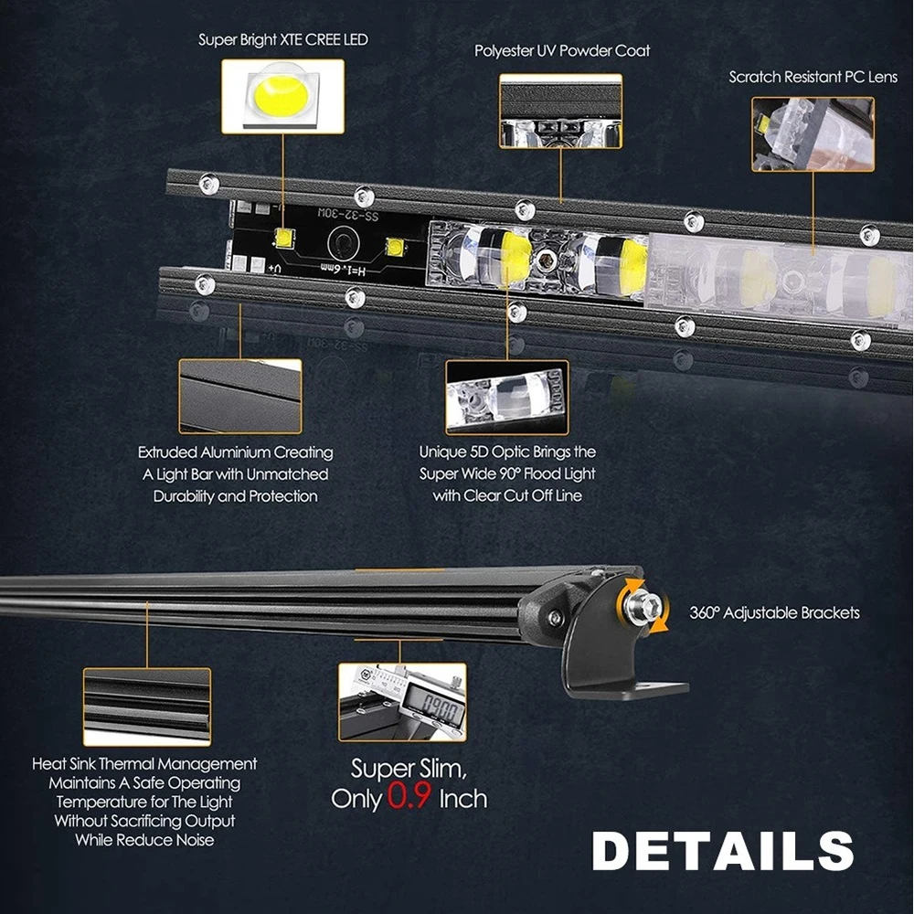 5,5' 8' 10' 14' 6D-Linsen-LED-Leiste für Offroad 4x4 Arbeitsleuchte Einreihige/Doppelreihige Lichtleiste Weiß Gelb Frontstoßstange Kühlergrill – Detail 9