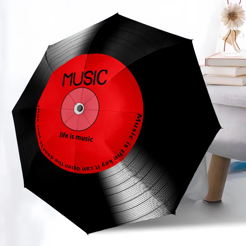 

1PC Retro Records Folding Umbrella Fashion Auto-Open Design 8 Iron Ribs Plastic Handle Foldable Sunshade Perfect Christmas Gifts
