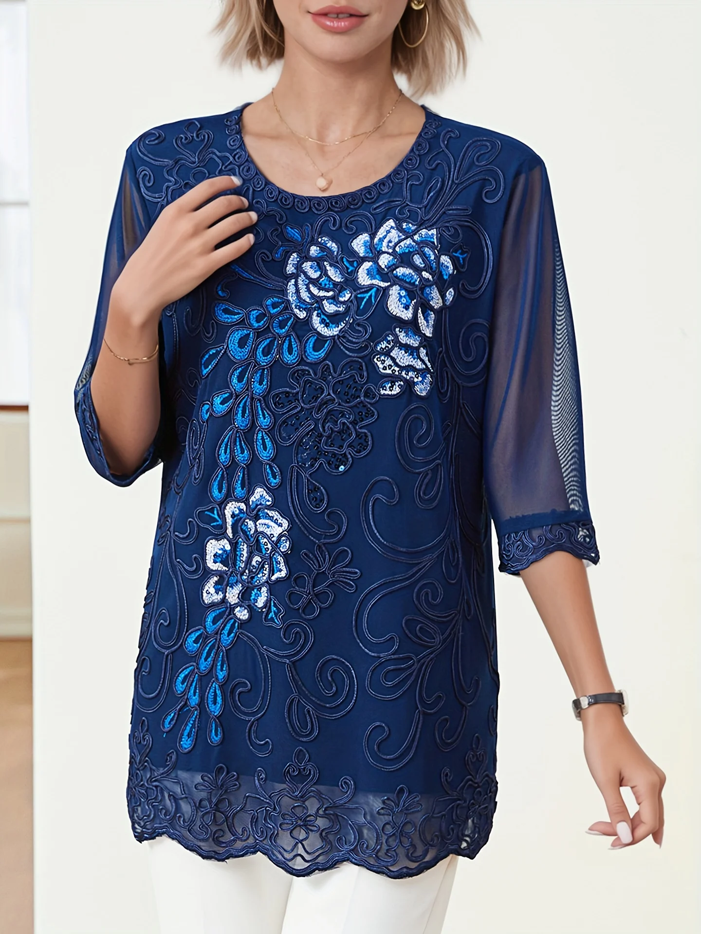 

Женский элегантный топ с круглым вырезом и рукавами 3/4 с вышивкой для тяжелой промышленности — универсальный для всех сезонов, украшения для фестивальных вечеринок