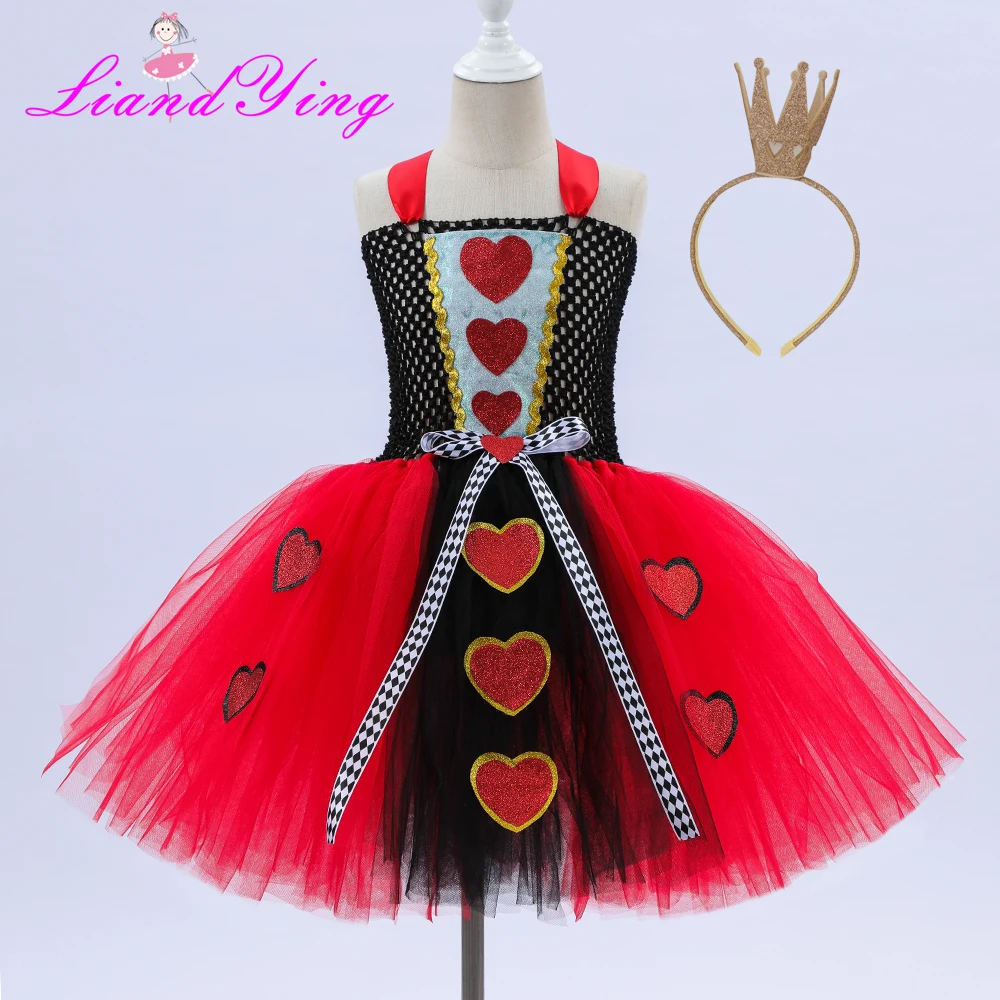 Queen of Hearts Costume Girl Carnival Party Tutu Dress Up Wonderland Red Queen Cosplay Halloween Costume for Kids Fancy Clothes