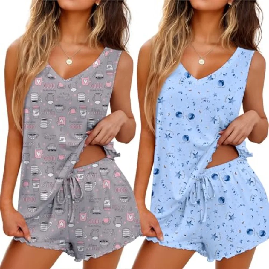 

Ekouaer 2 Pack Pajamas for Women Set Tank Top and Shorts Pjs Soft Sleeveless Sleepwear Summer Loungewear, S-XXL