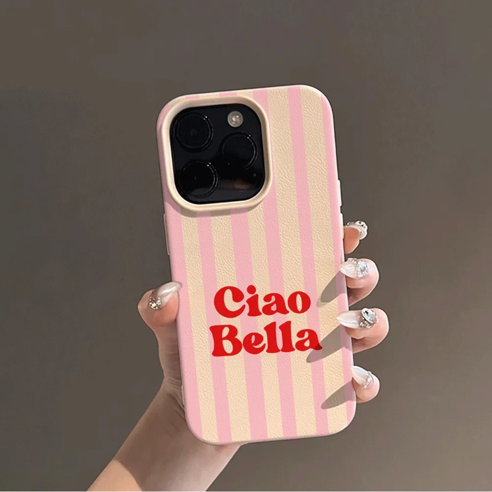 Ins Style Ciao Bella Rosa Gestreifte Handyhülle für iPhone 17 16 15 14 13 12 11 Pro Max Plus X XR Silikon Matt Stoßfeste Hülle – Detail 4