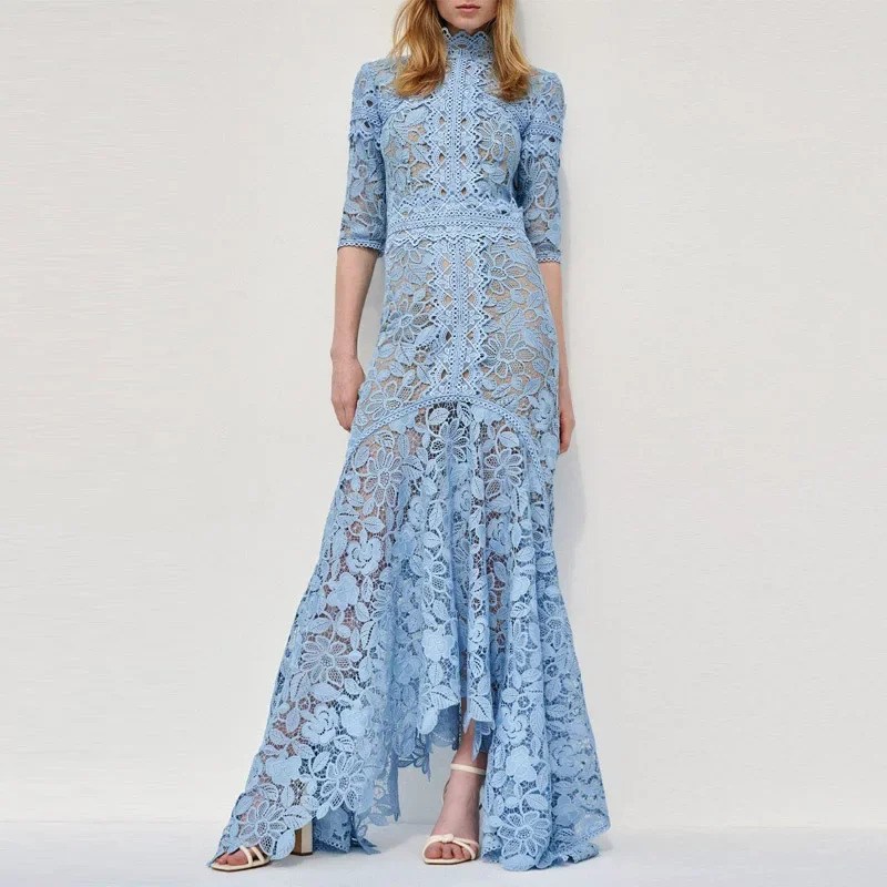 Light Mature Blue Lace Dress Irregular Dress High Low Fit Long Dress Fashion