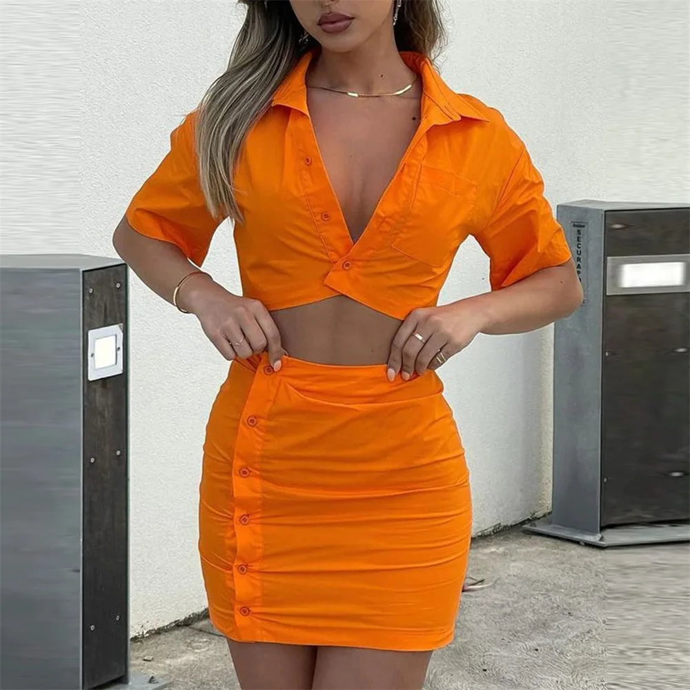 2023 Spring and Summer New Two-piece Suit Women\'s Sense Lapel High Waist Short Sleeve Shirt Skirt Suit