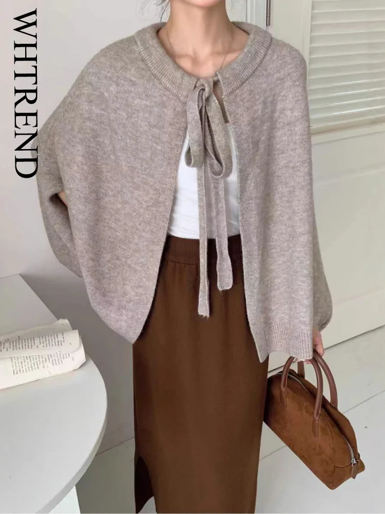 

WHTREND элегантная многослойная вязаная накидка для женщин, теплая стильная шаль на шнуровке с крыльями летучей мыши, осенне-зимняя новинка WH2075