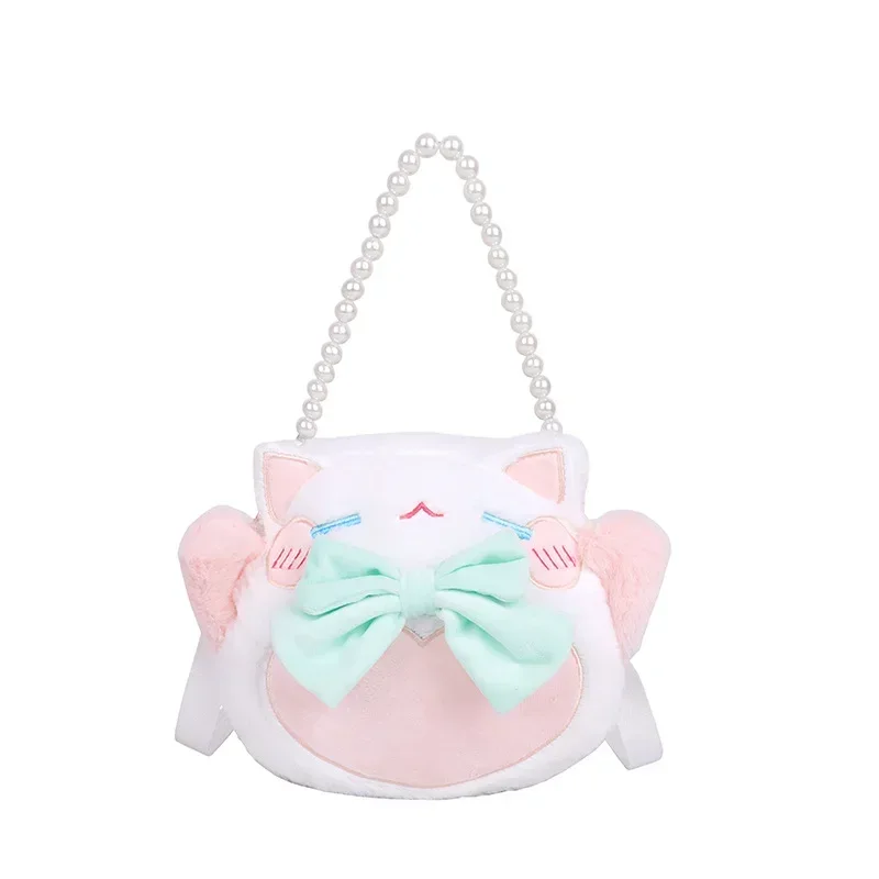 Women Cute cat plush pearl shoulder bag girl ins fur cartoon doll handbag messenger phone bag birthday gift