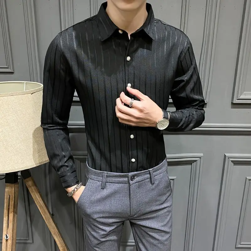 Fashion Printed Lapel Button Striped Shirt Men\'s Clothing 2022 Autumn New Oversized Loose Casual Tops All-match Korean ShirtS