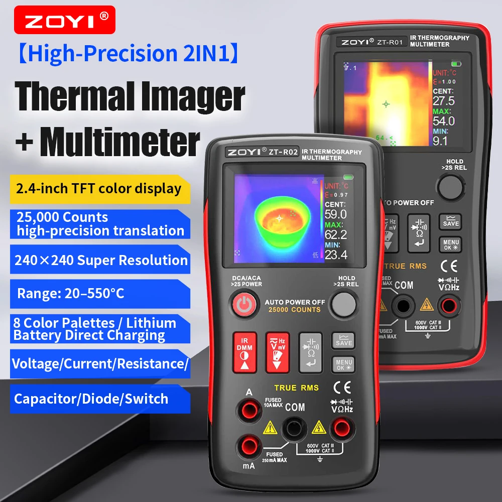 ZOYI ZT‑R01 ZT-R02 2-in-1-Wärmebildmultimeter 240×240 IR-Wärmebildkamera True RMS Digitalmultimeter 25000 Counts