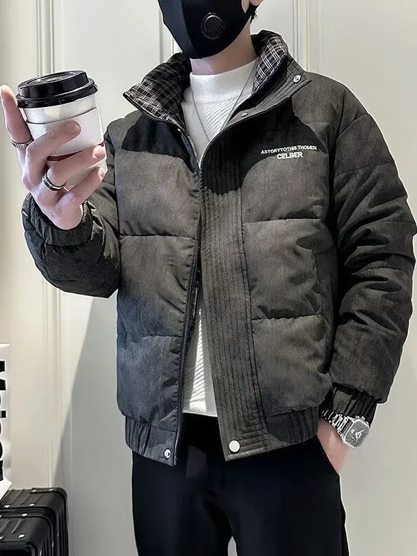 Ele Youth Men's down Cotton Jaet Winter Faion Brand Embroidery Hip Haome Thiened Stand Fit Coat for Men