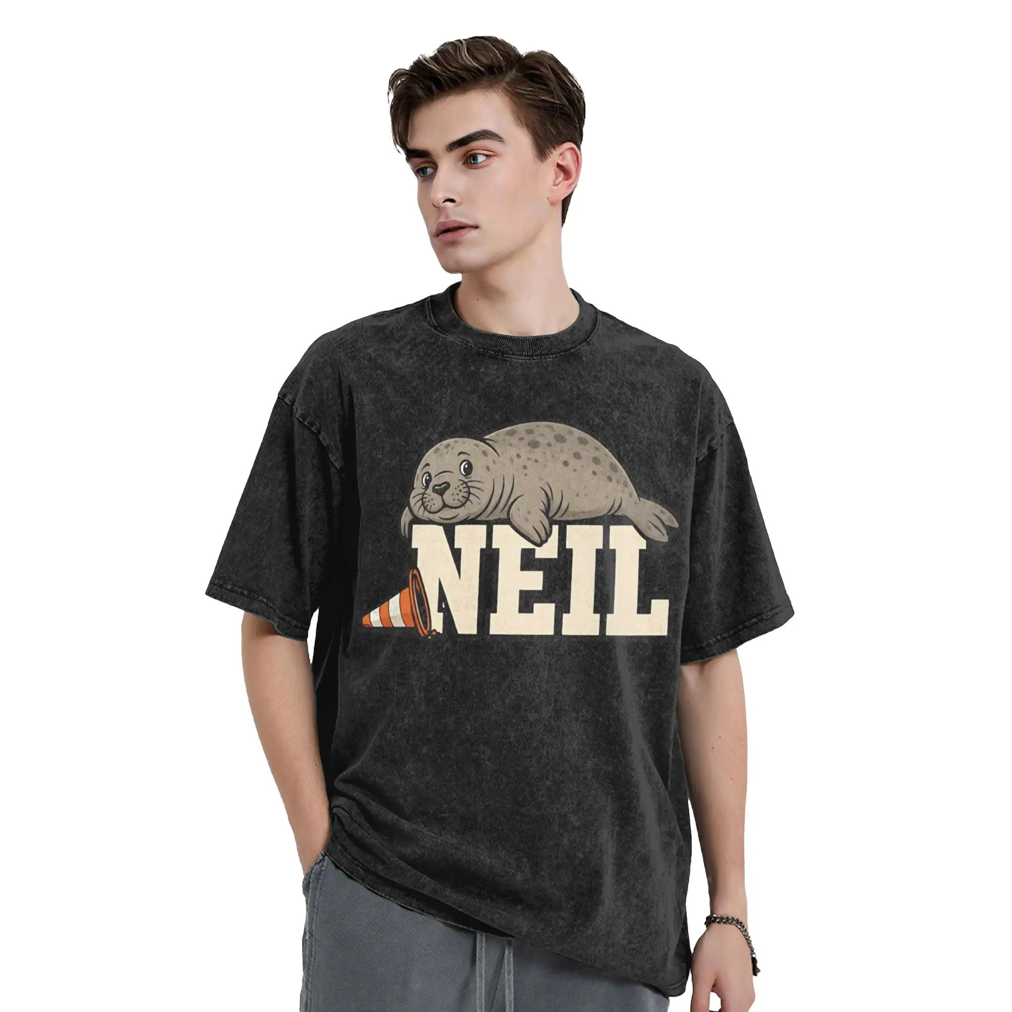 Neil the Seal Resting Washed T Shirts Streetwear Hip Hop Vintage T-Shirts Animal Tees for Men Women Oversize Graphic Printed