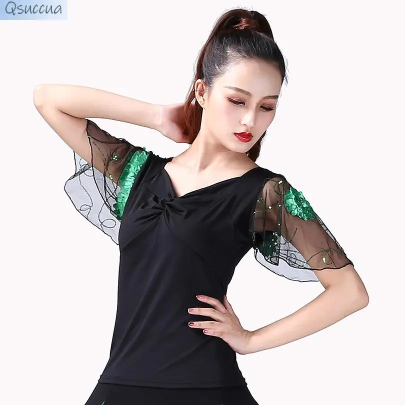 National Standard Dance Modern Dance Trumpet Sleeve Blouse Short-Sleeved Practice Latin Dance Competition Performance