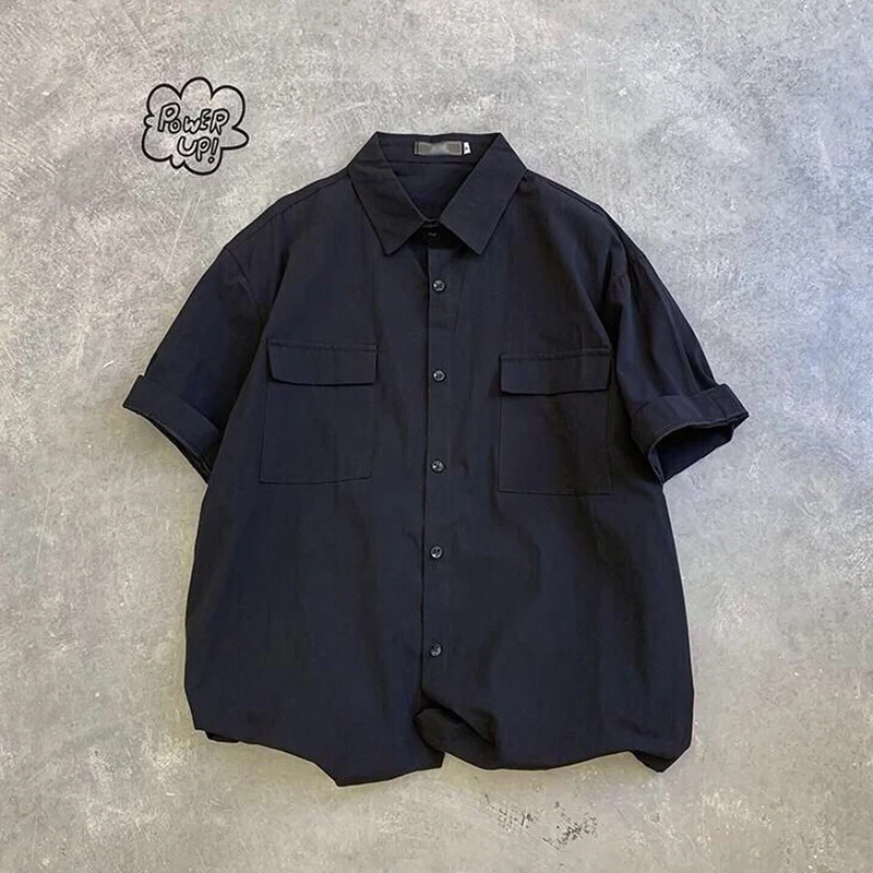 2023 Summer New Solid Color Turn-down Collar Short Sleeve Pockets Shirt Man Korean Style Fashion Single Breasted Thin Style Tops