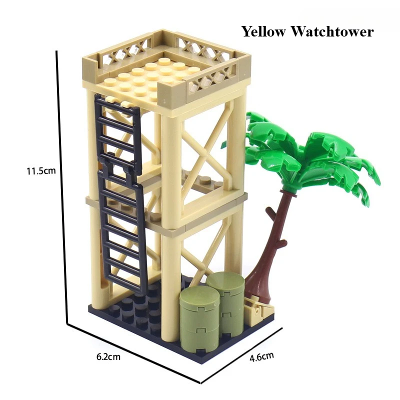 MOC Creative Military Building Scene with Sentry Post, Lookout Tower, Tree Oil Barrel, War Field Accessories and Assembly Model