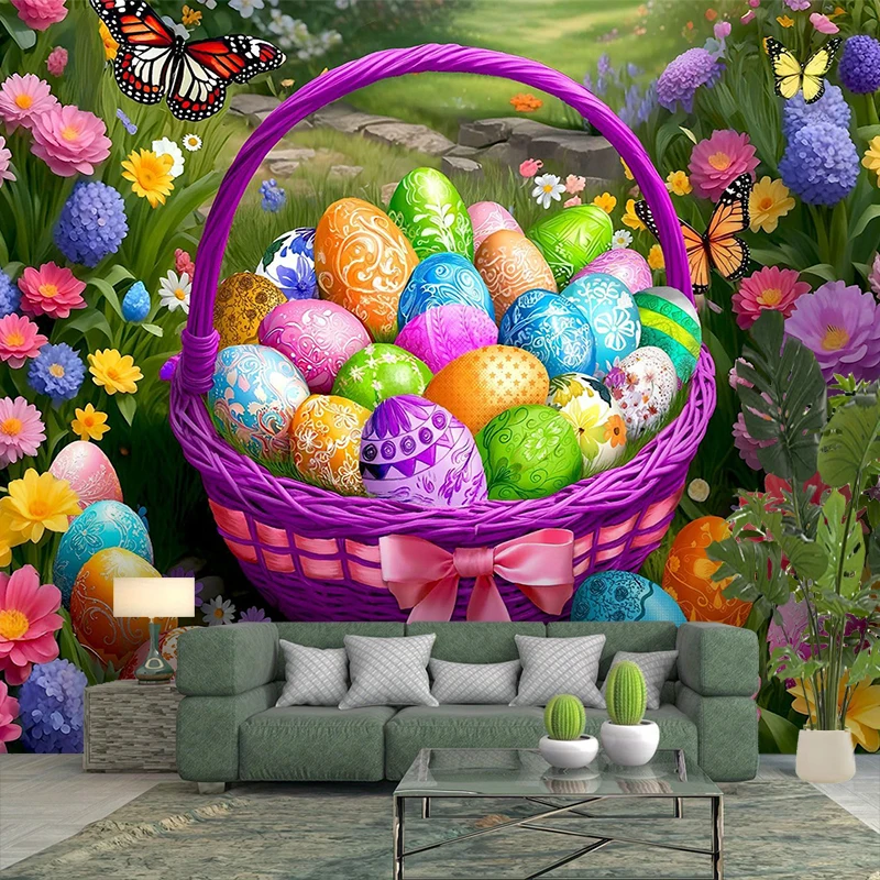 1PC Easter Egg Basket Art Print Backdrop Banner, Bedroom Living Room Photo Background, Polyester, Home Decor, Wall Art