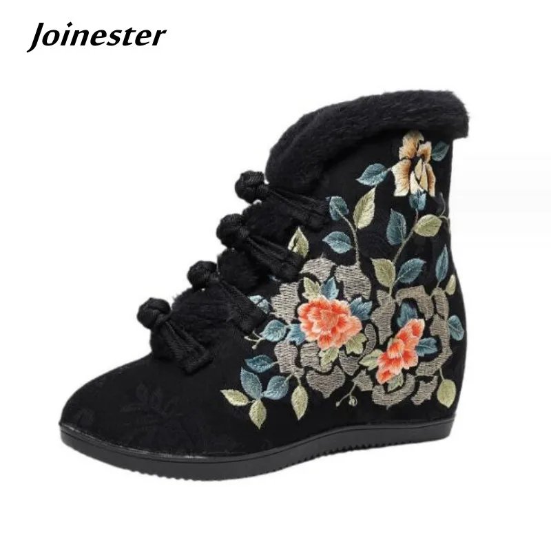 

Women Fur Lined Cotton Fabric Plush Ankle Booties Chinese Ethnic Style Warm Winter Short Boots Height Increased Vintage Boots