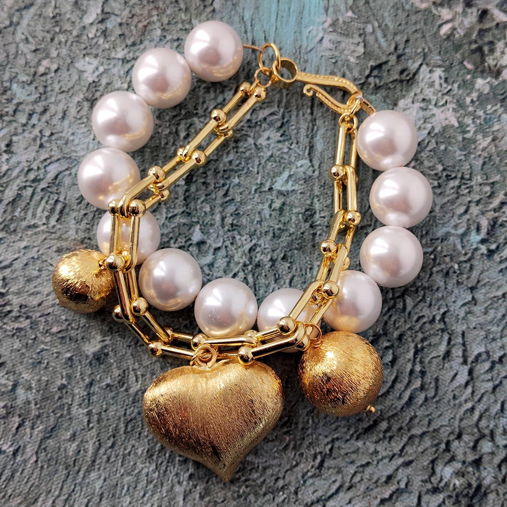 

Y·YING Unique New White Sea Shell Pearl Brushed Heart Charm Beaded Bracelet Jewelry