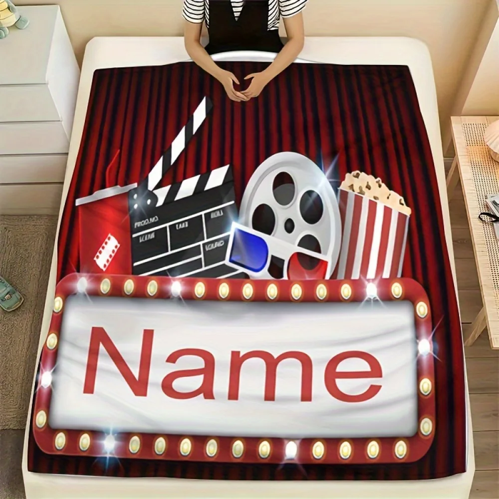 1-teilige individuelle Film-Nachtdecke – personalisierbar mit Ihrem Namen und Text, Popcorn-Design, weicher und gemütlicher Überwurf für Couch, Bett, Reisen