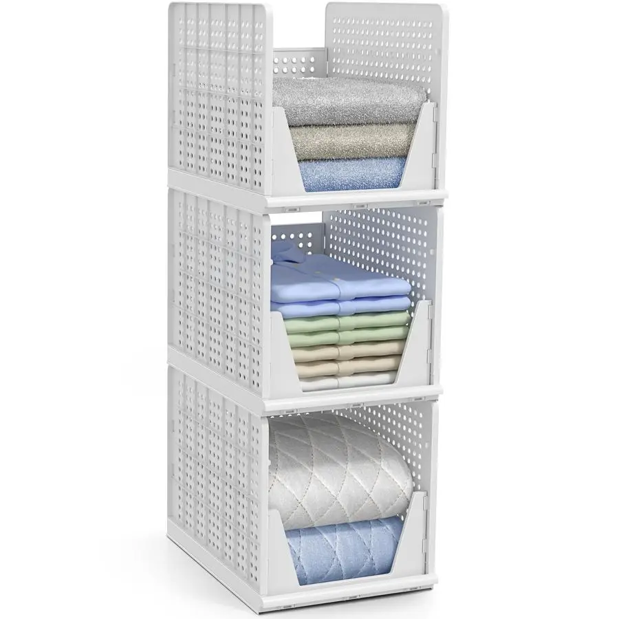 Stackable Shelf Organizer Baskets Plastic Closet Organizer for Clothes, Pantry, Bathroom, Kitchen amp Garage Open Front Storage