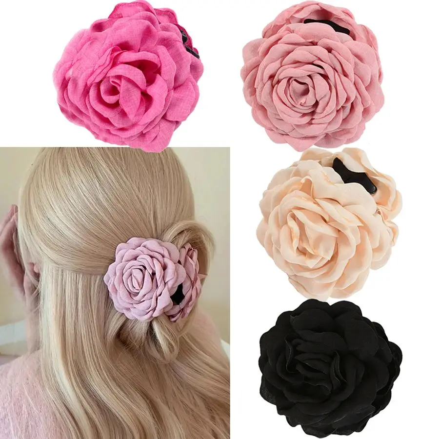 Pinza de Pelo Vintage con Flor de Rosa, Pasador Floral Grande Estilo Coreano, Accesorio de Pelo de Alta Gama para Moños Traseros, Pinza Tipo Tiburón