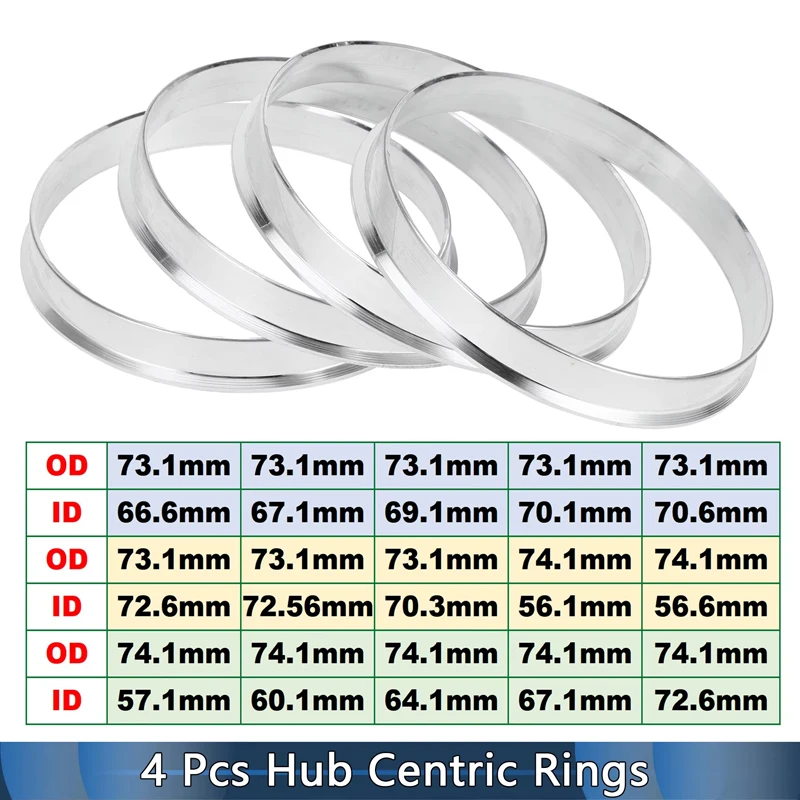 4 Uds OD 73,1mm a ID67,1mm anillos centrales de cubo de coche espaciador central de orificio de rueda 54,1/56,6/57,1/59,5/60,1/63,4/64,1/64,5/65,1/67,1