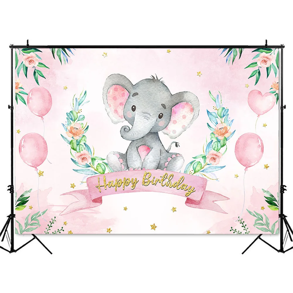 Toile de fond d'éléphant rose pour la décoration de fête à thème joyeux anniversaire, ballons roses, paillettes dorées, points brillants, accessoires de fond photo