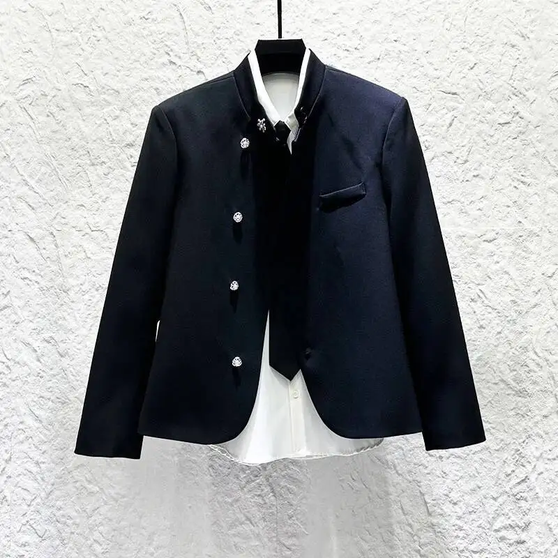 Diagonal Buttons Niche Design Men's Jacket New Chinese-style Stand-up Collar Shoulder-padded Long Sleeve Male Coats XSE5