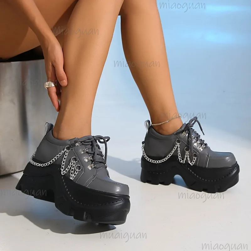 Gothic Punk Women's Platform Shoes Round Toe Lace-up Pink Chunky Sneakers Pu Leather Height Increasing Fashion Shoes for Women image 4