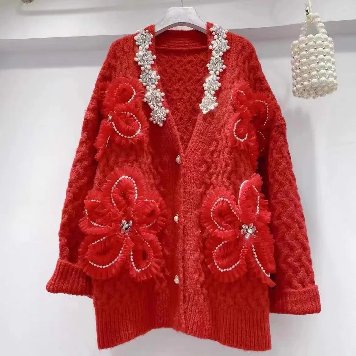 Large Size Beaded Twist Cardigan Sweater Women Mesh Flower V Neck Long Sleeve Knitted Sweater Mid Length Coat Sweet Casual