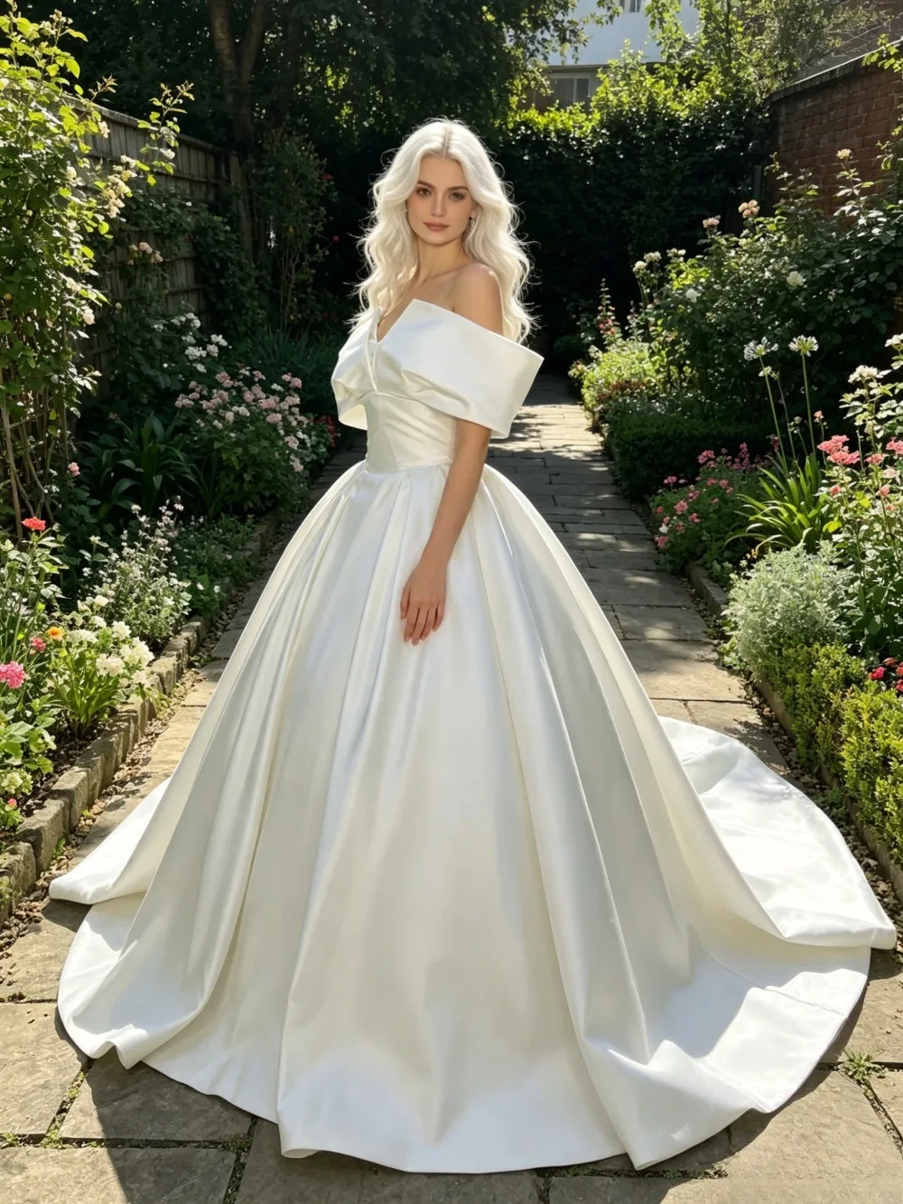 Customized Off Shoulder Satin Wedding Dress 2026 Luxury Sleeveless Ruffled Hem Large Trailing Bridal Gown Suitable for Parties