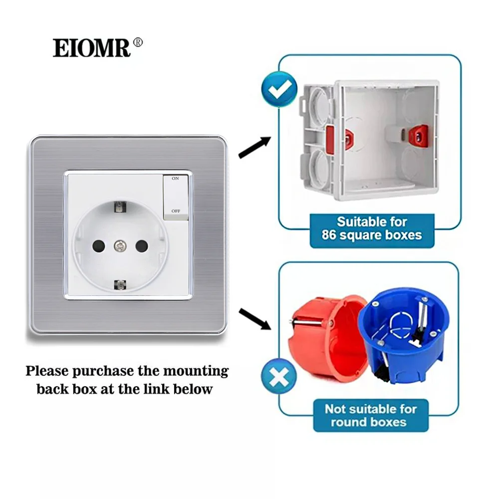 EIOMR EU 16A Wall Socket with Small Switch Button Power Outlet Russia Spain Variety Stainless Steel Glass PC Socket Panel Mount