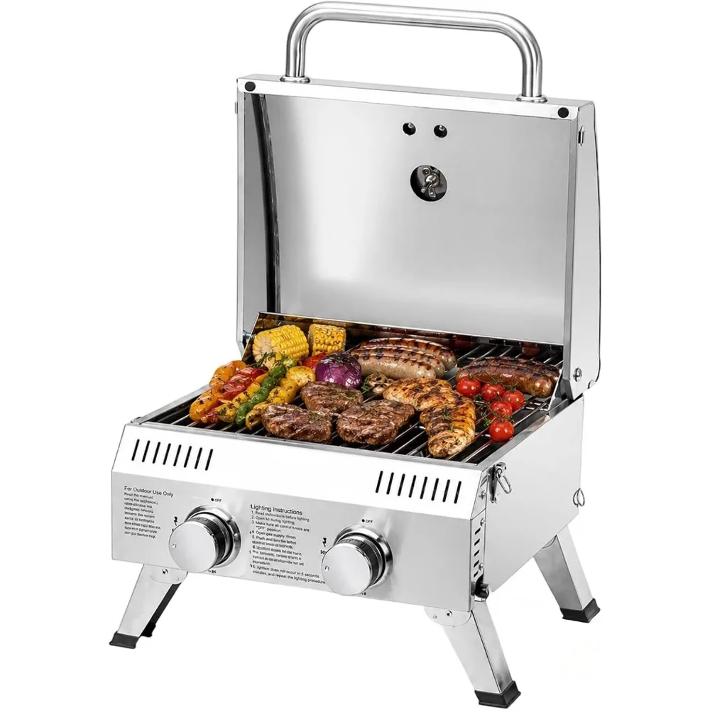 D1220,000 BTU 2 Burner Gas Grill, Ignition, Lockable Lid, Stainless Steel, Foldable Legs, Thermometer For Outdoor And RV BBQs