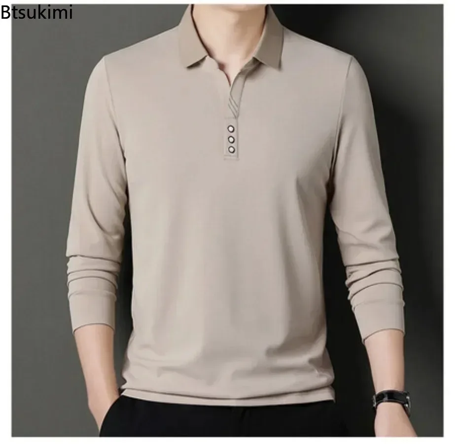 

2025 Men's Casual Long Sleeve Shirts Spring Autumn Lapel Breathable Man Pullovers Business Formal Polo Shirts Solid Tops for Men