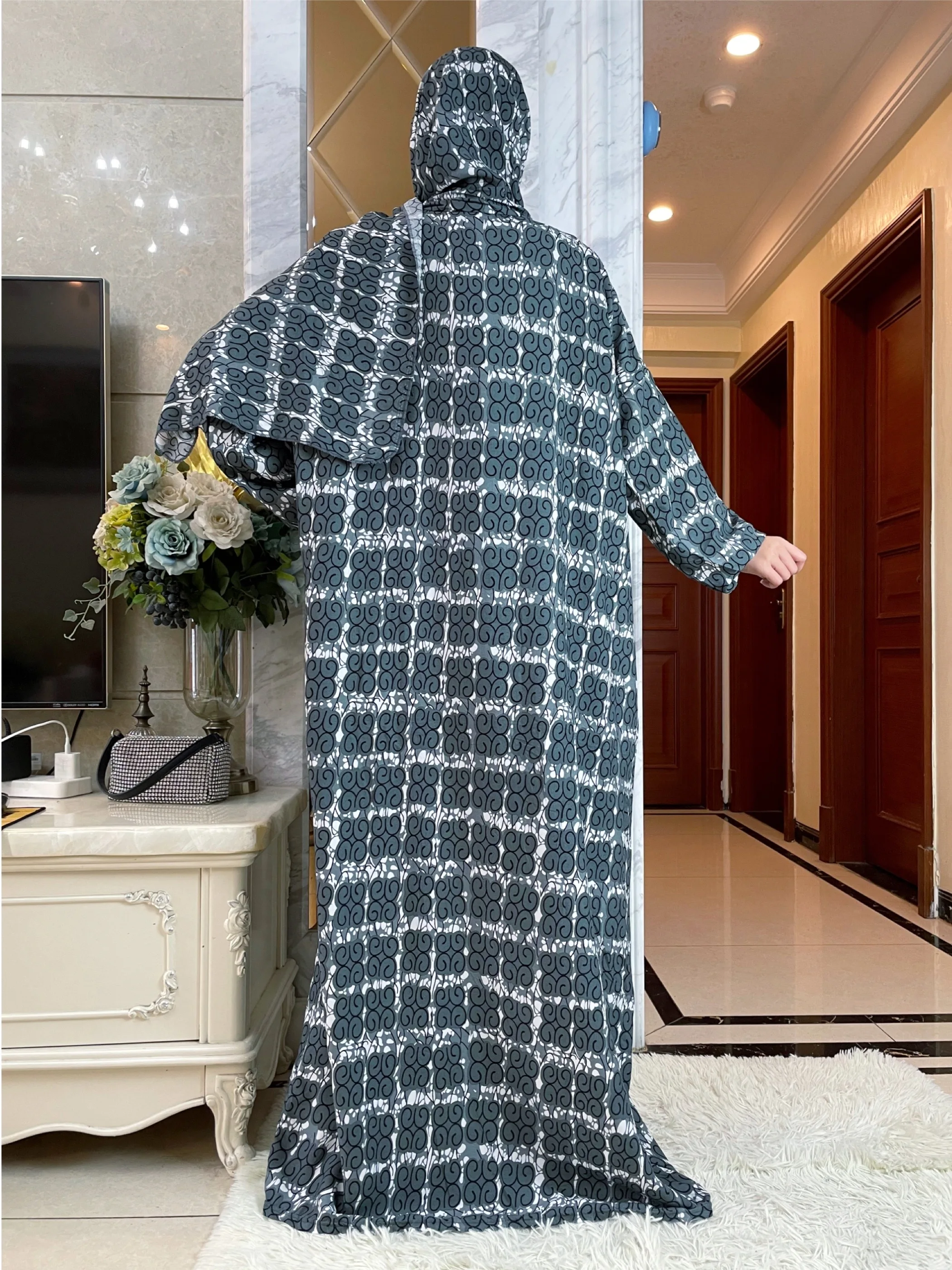 Muçulmano Ramadã Oração Algodão Abayas para Mulheres, Robe Feminino do Oriente Médio, Vestido Floral Africano Solto, Turbante Anexado, Dubai