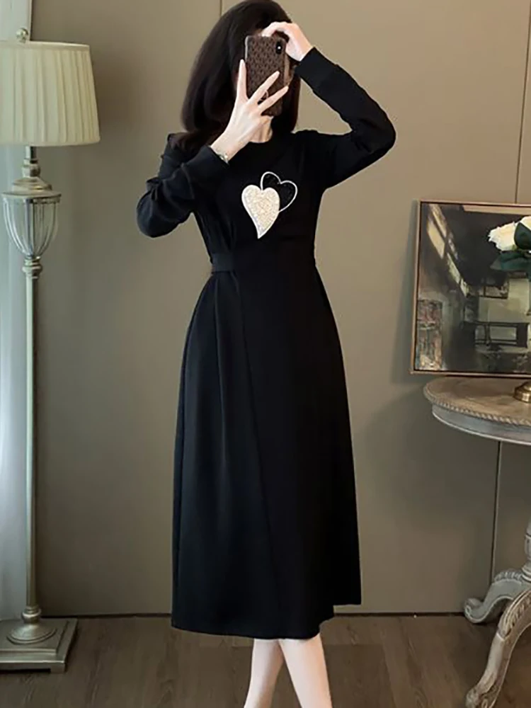 

Autumn Black Knitted Embroidery Print Long Dress Women Vintage Hepburn Dress with Long Sleeve 2025 Korean Bodycon Evening Dress
