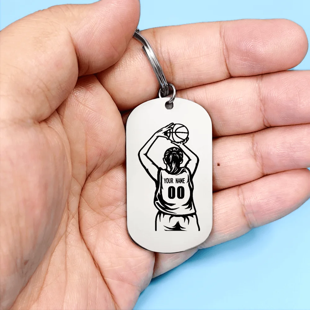 개인화 된 이름 번호 농구 키 체인 스테인레스 스틸 사용자 정의 스포츠 열쇠 고리 여성 남성 농구 선수 팬 선물